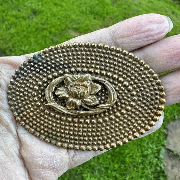 Art Nouveau Brooch 2.5" Metal Gold Plate Gilt Brass Flower‎ C Clasp Oval Antique - Picture 5 of 7